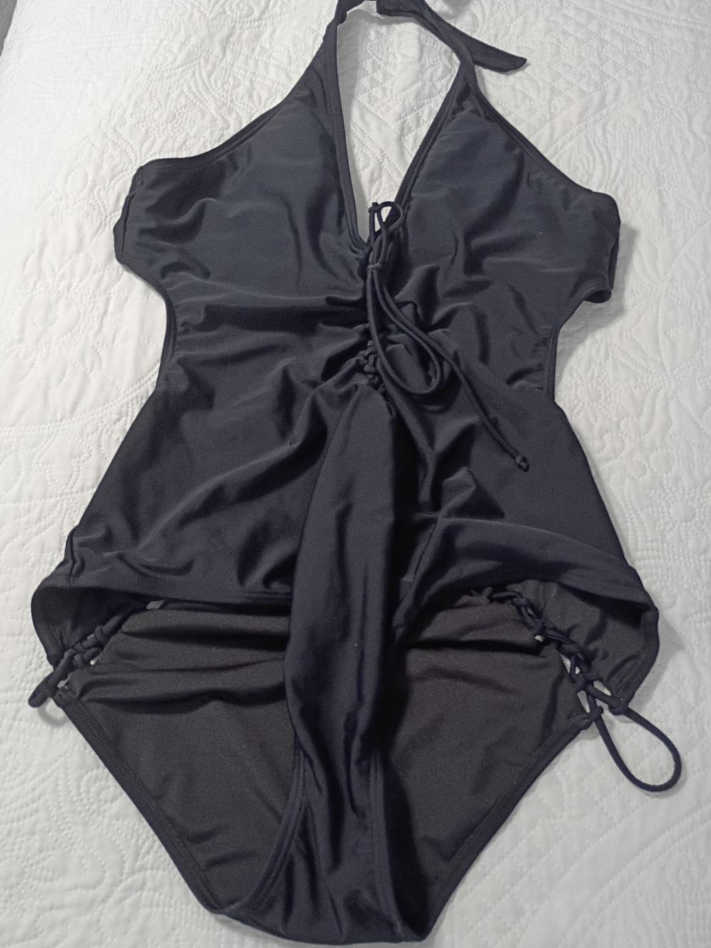 Black Halter One-Piece Swimsuit with Front Tie Detail